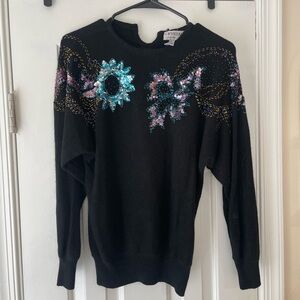 Women's Black Sweater with Floral Embellishments